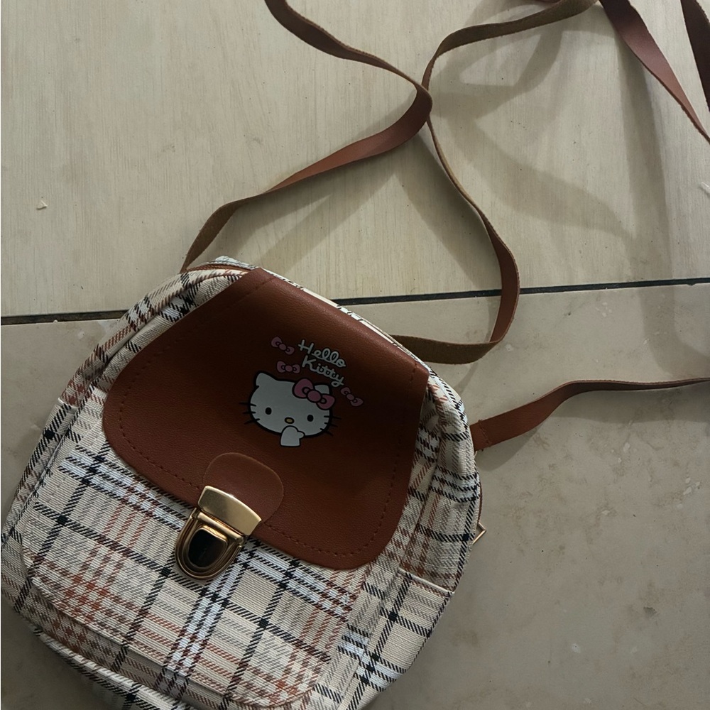 Girls Hello Kitty Brown and Cream Plaid Backpack - Picture 2 of 3